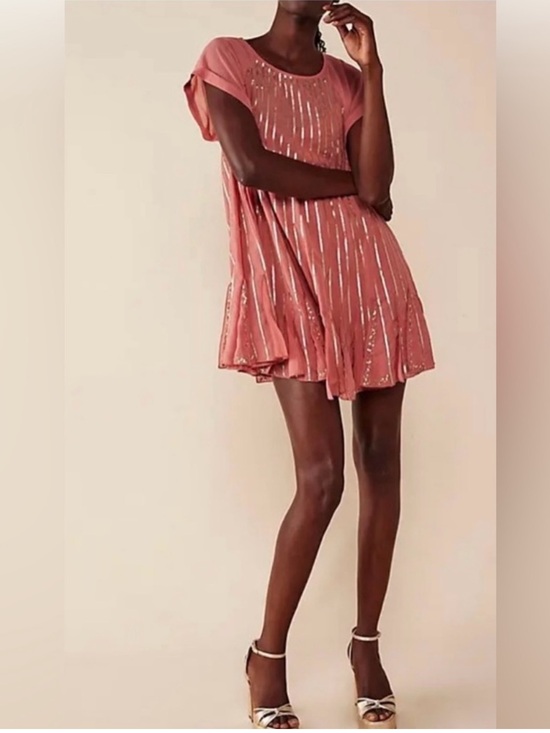 Free People Dresses & Skirts - Free People Mint Julep Sequin Coral Flowy Mini Dress Large Chiffon Flapper Boho